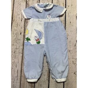 Vintage Alison Scott Baby Boy Romper 12 Months Embroidered Beach Boat Sun